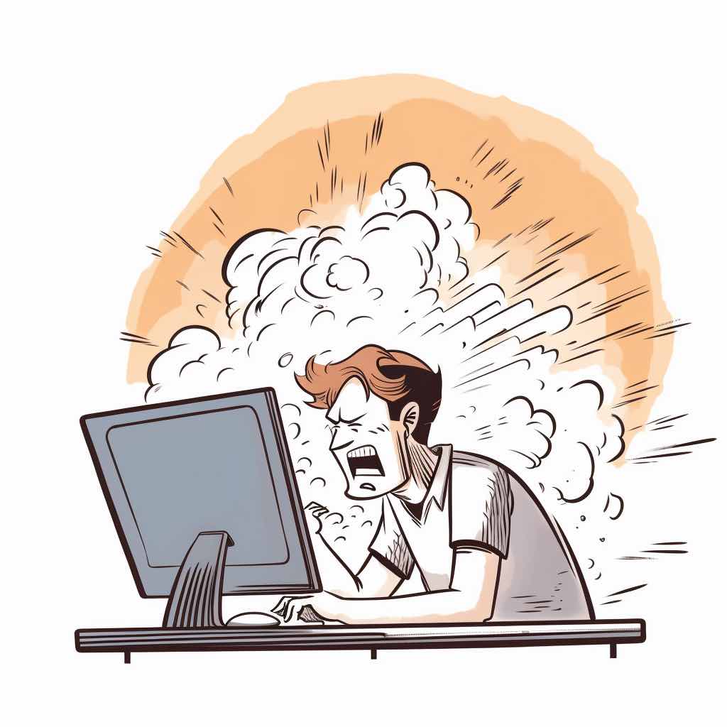 A very angry person using a computer that is on fire