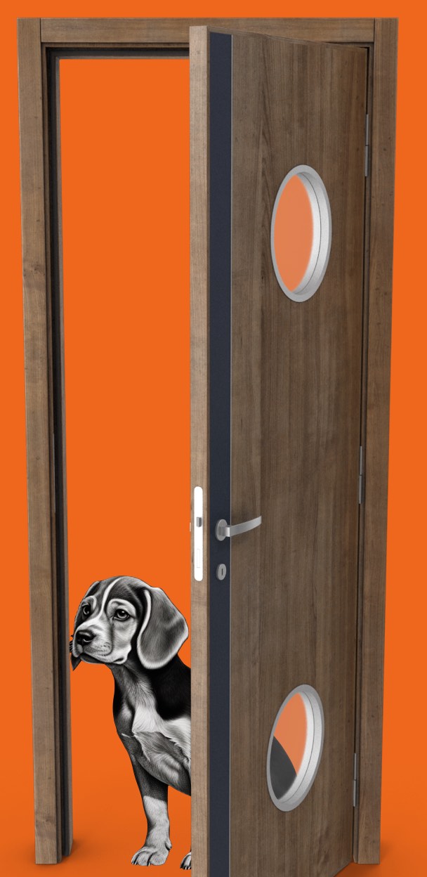 An open door with a beagle in it.
