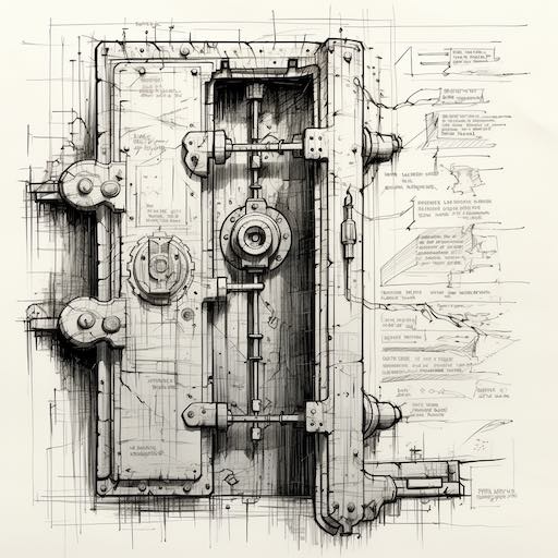 A complex diagram of a schematic of a locked door.