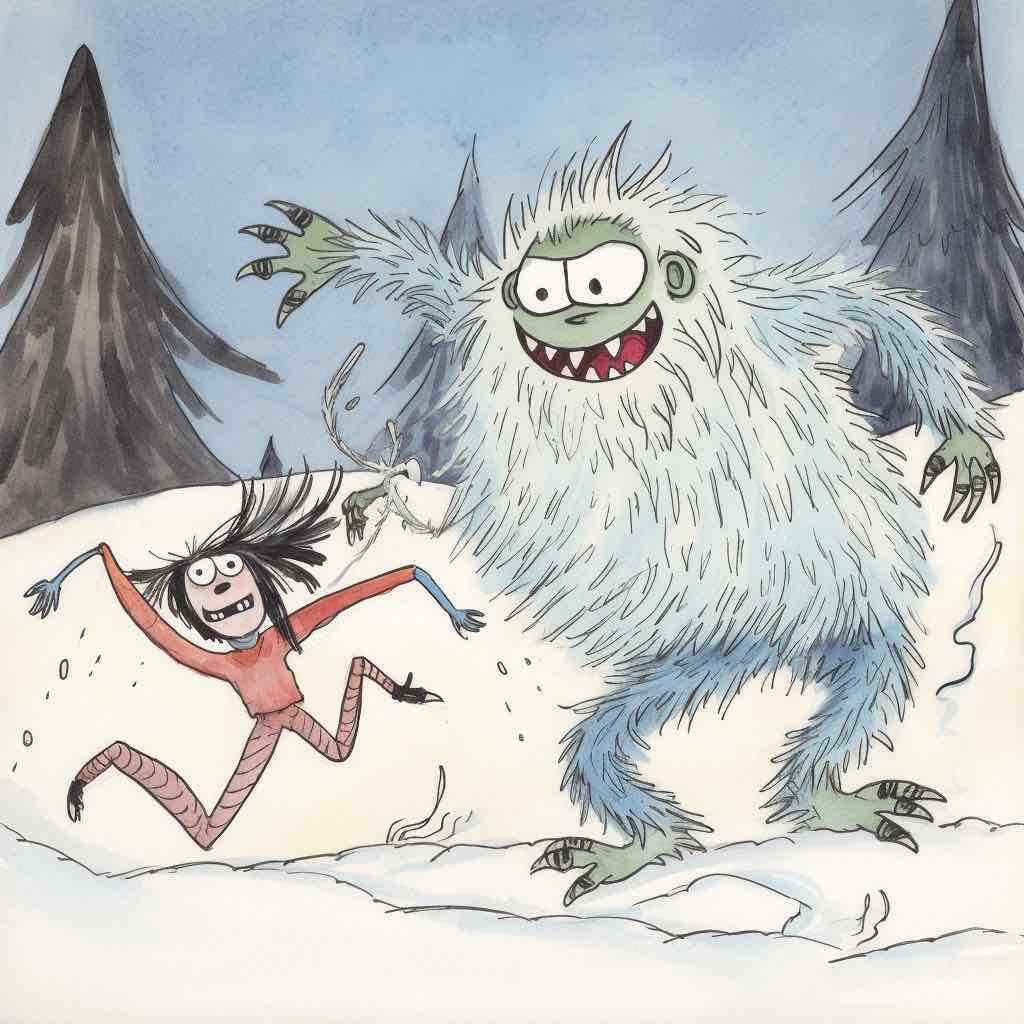 A cartoon in the style of Quentin Blake of a girl getting attacked by a yeti