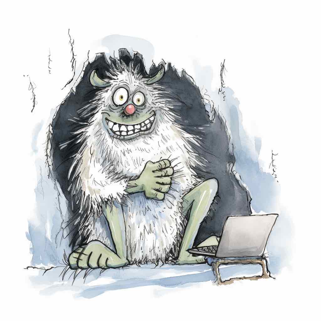 A cartoon in the style of Quentin Blake of a yeti doing work on a laptop